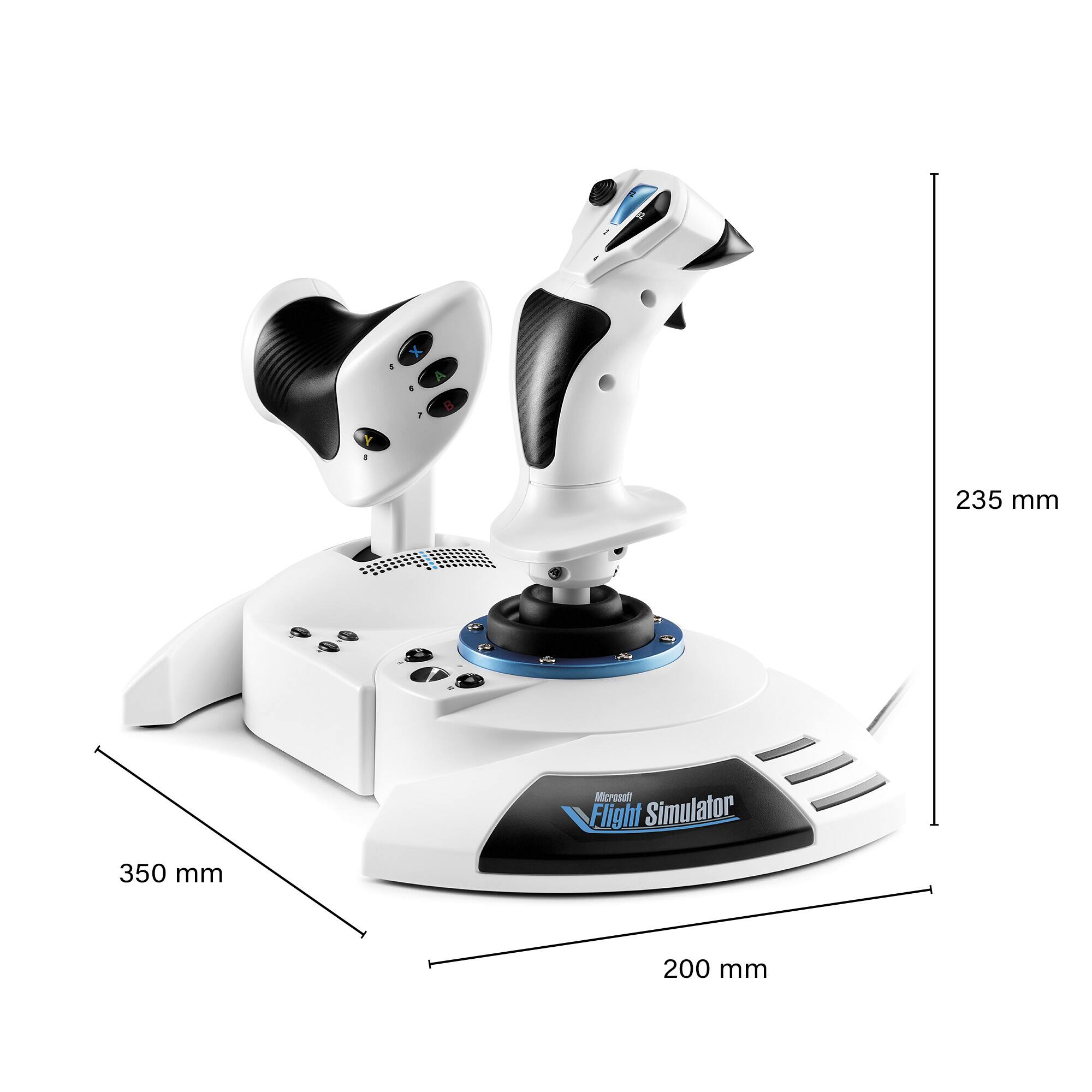 The image shows a white flight simulator with a 350 mm x 200 mm size. The device is designed for use with a computer and features a 235 mm x 200 mm size. The flight simulator is equipped with a steering wheel and a joystick, providing an immersive gaming experience for users.