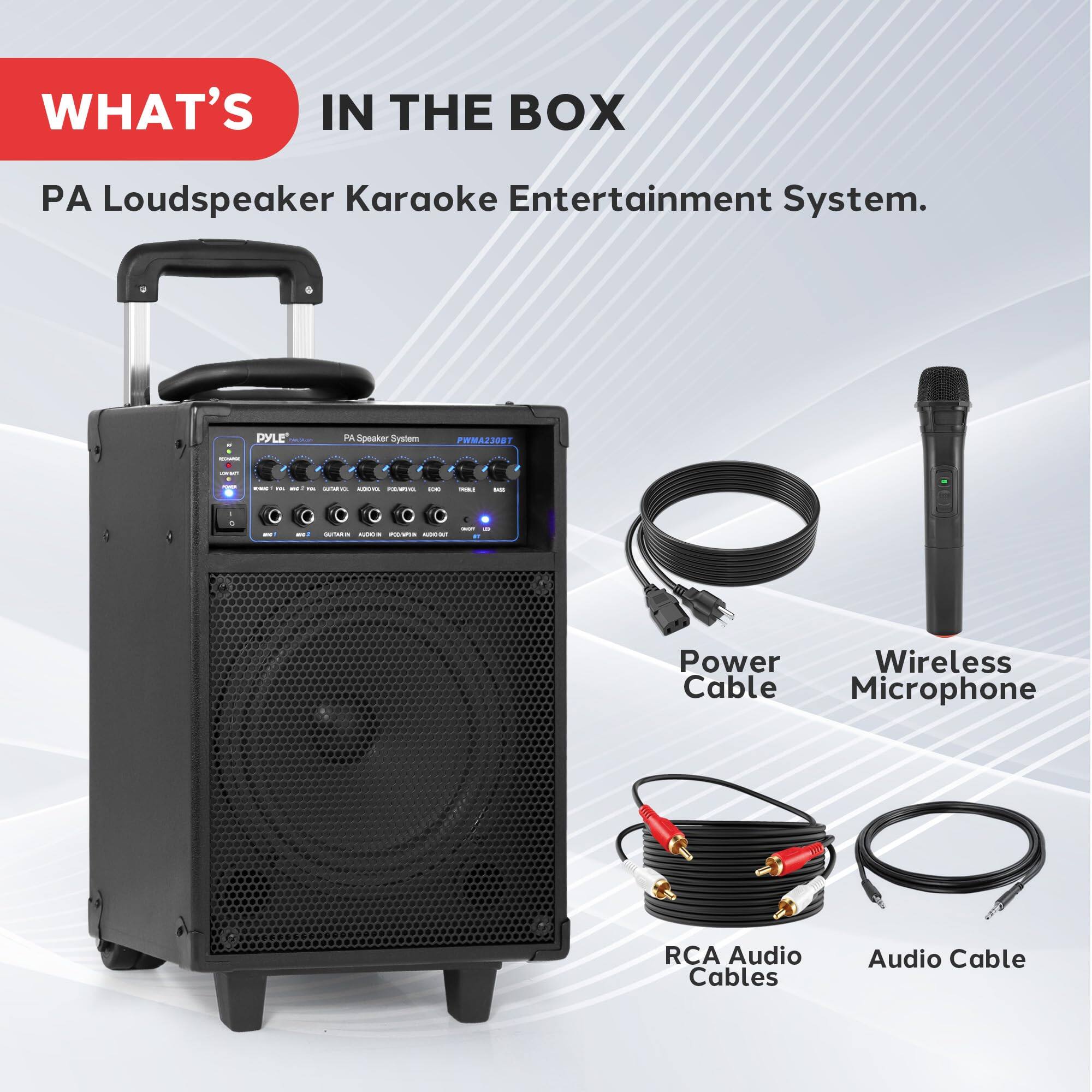 WHAT'S IN THE BOX  
PA Loudspeaker Karaoke Entertainment System.  

- Power Cable  
- Wireless Microphone  
- RCA Audio Cables  
- Audio Cable