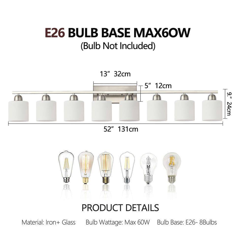 E26 BULB BASE MAX60W  
(Bulb Not Included)

13" 32cm  
5" 12cm  
9" 24cm  
52" 131cm

PRODUCT DETAILS  
Material: Iron + Glass  
Bulb Wattage: Max 60W  
Bulb Base: E26 - 8Bulbs