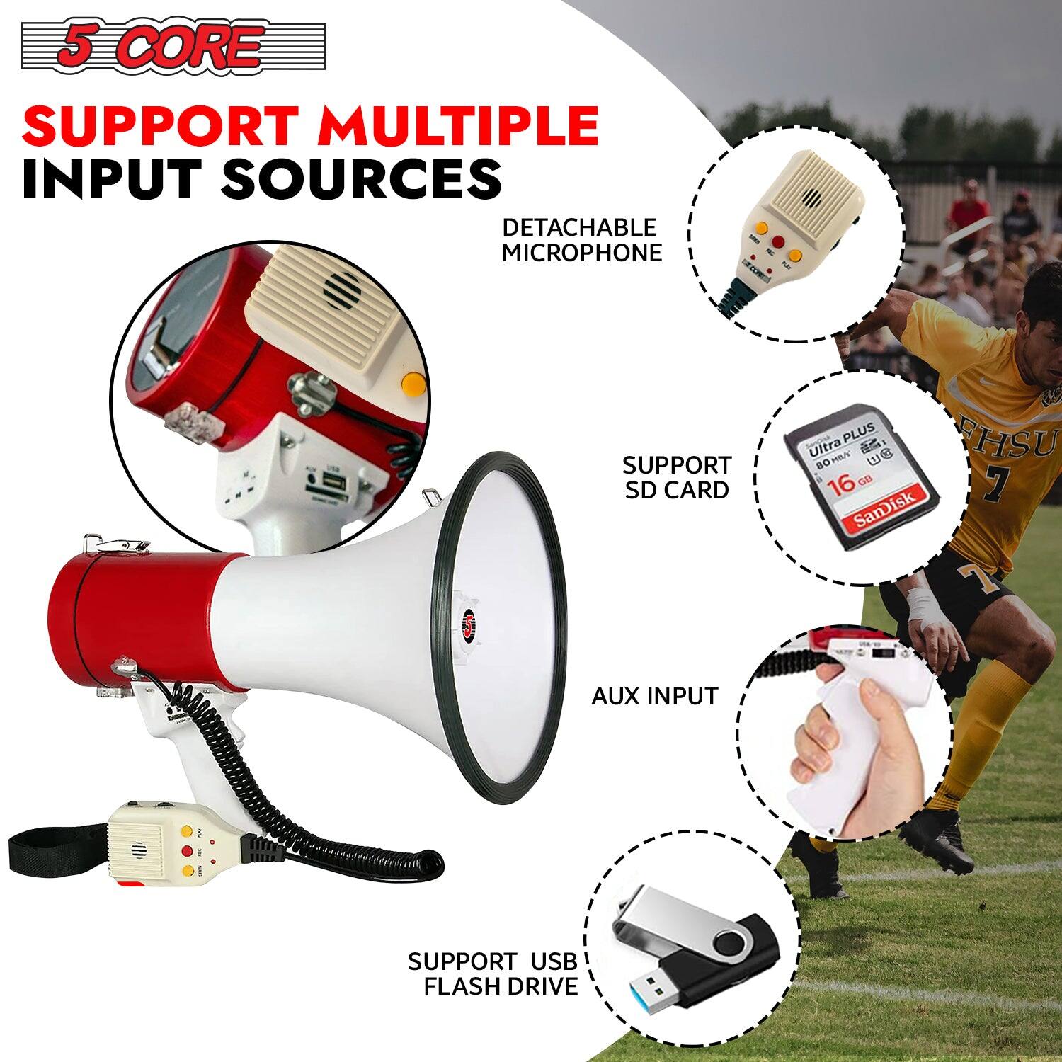 5 CORE  
SUPPORT MULTIPLE INPUT SOURCES  

- DETACHABLE MICROPHONE  
- SUPPORT SD CARD  
- AUX INPUT  
- SUPPORT USB FLASH DRIVE