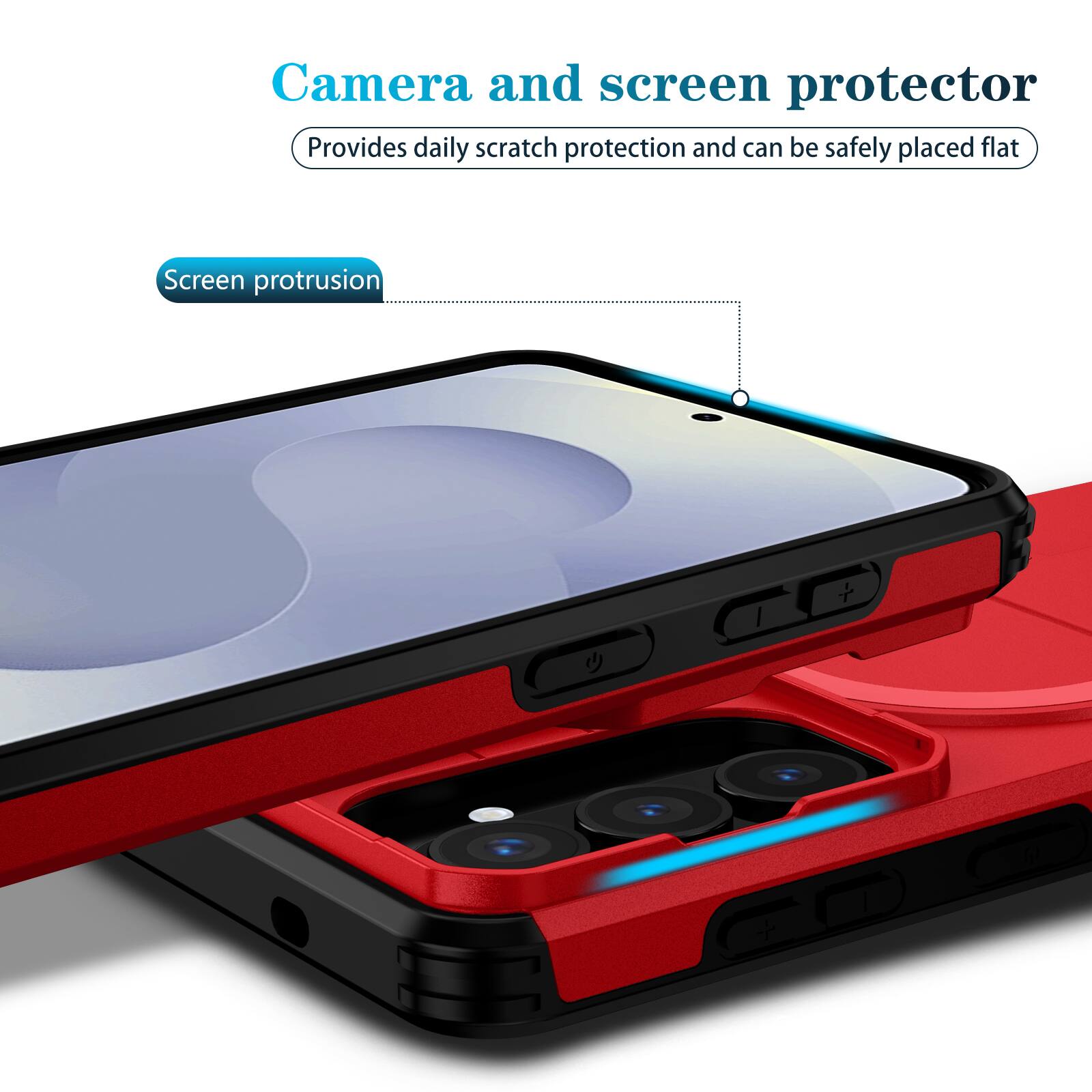 Camera and screen protector  
Provides daily scratch protection and can be safely placed flat  
Screen protrusion