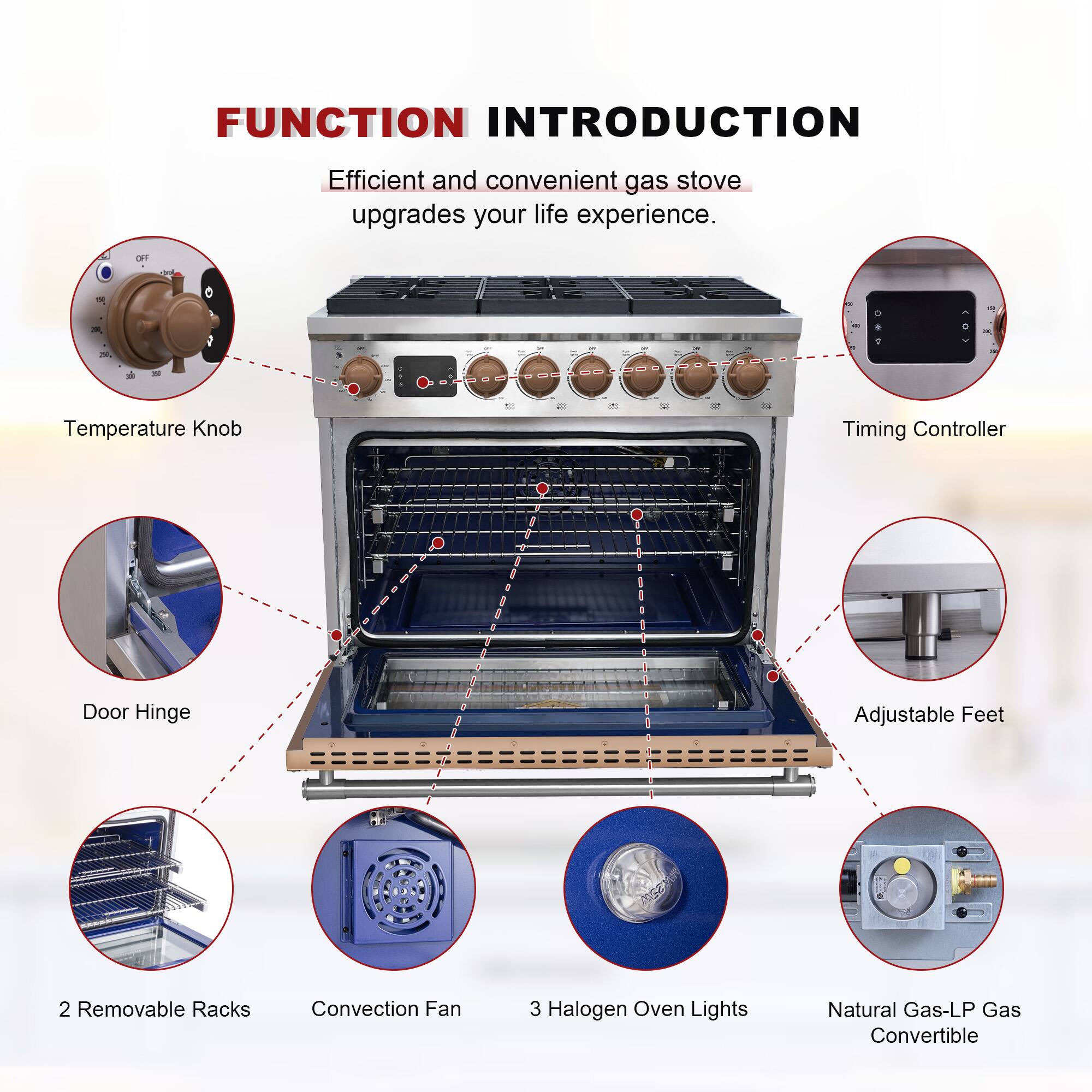 FUNCTION INTRODUCTION  
Efficient and convenient gas stove upgrades your life experience.

1. Temperature Knob  
2. Timing Controller  
3. Door Hinge  
4. Adjustable Feet  
5. 2 Removable Racks  
6. Convection Fan  
7. 3 Halogen Oven Lights  
8. Natural Gas-LP Gas Convertible