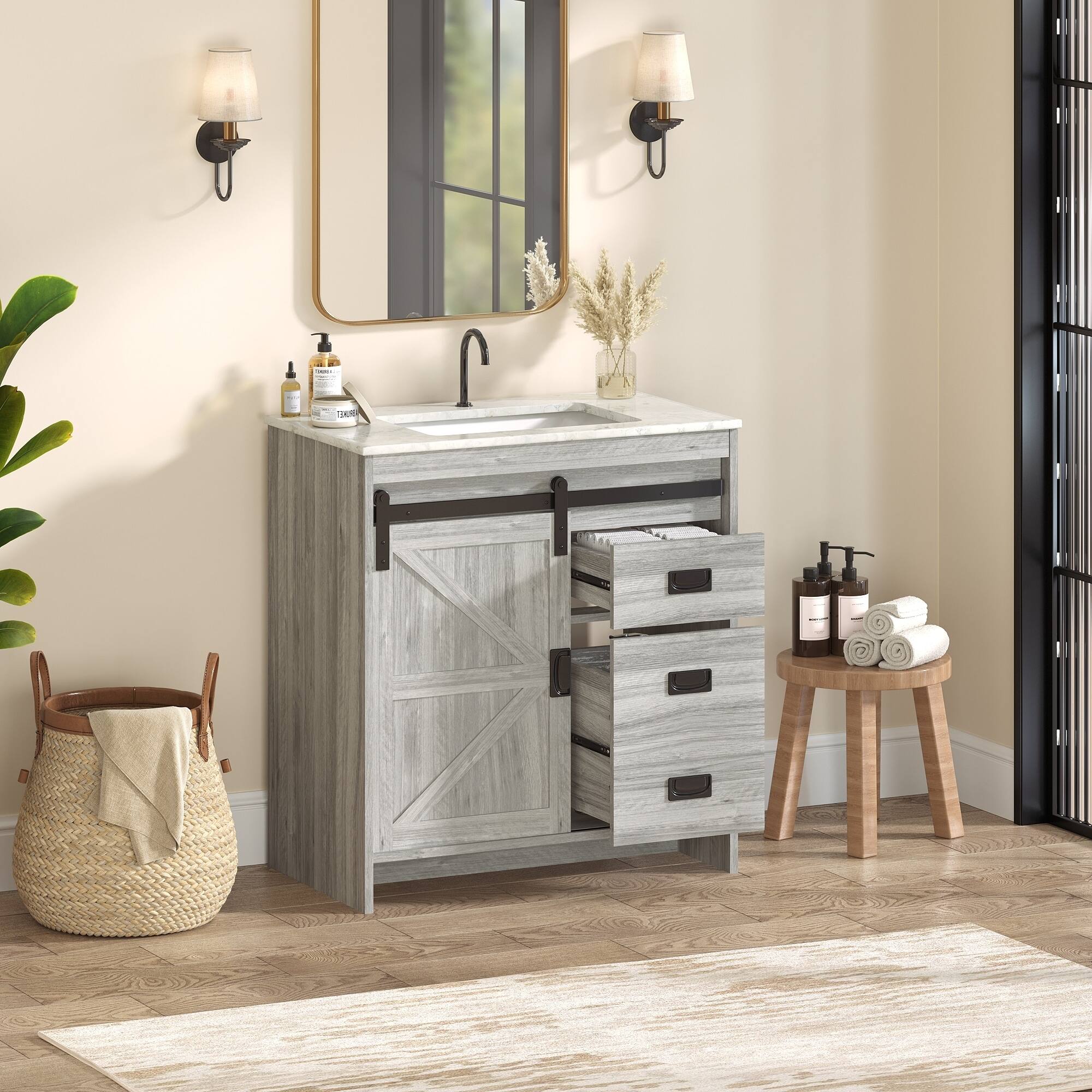 Left. U-HOMY - Farmhouse Bathroom Vanity with Ceramic Top and Sliding Barn Door, Rustic Single Sink Cabinet with Storage - 32".