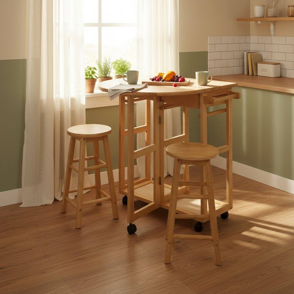 Left. FurniFact - 3-Pc Solid Wood Space Saver Dining Set with Drop Leaf Table - Natural.