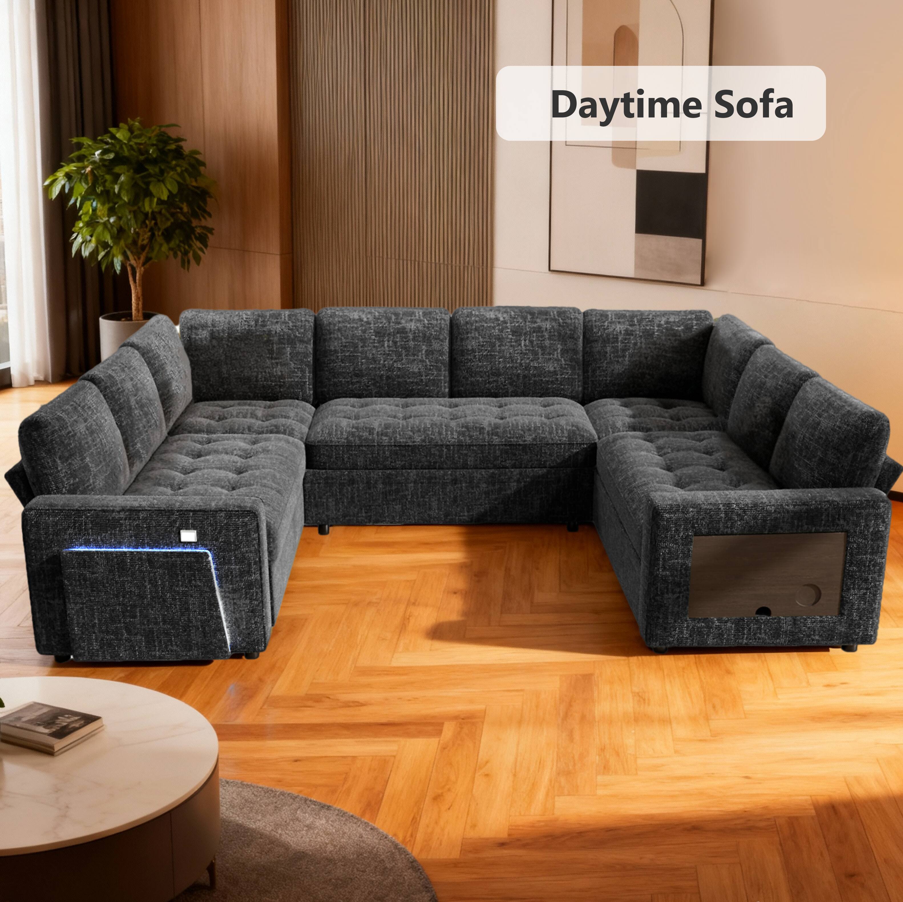 Back. Vipbear - Vipbear 112 in large U-shaped sofa, with side pockets and a small table board, can be stored and assembled without tools - Black.
