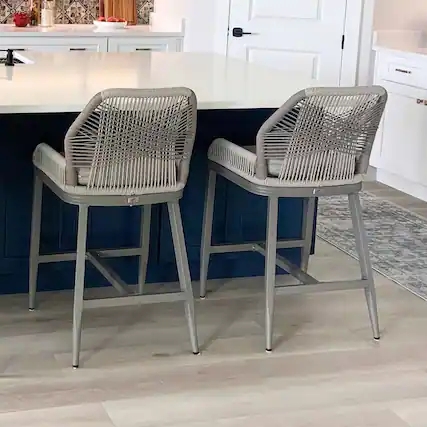 Front. PURPLE LEAF - Outdoor Bar/Counter Height Stool Set of 2 Wicker Rattan Bar stools with Back Aluminum Outside Garden Patio Bar Chairs - Twill-Light Grey-Counter Height.