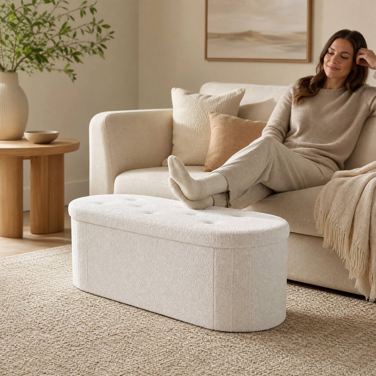 Alt View 4. Costway - Costway Storage Ottoman Bench 43" Oval Ottoman with Dividers Folding Teddy Boucle Footrest - White.