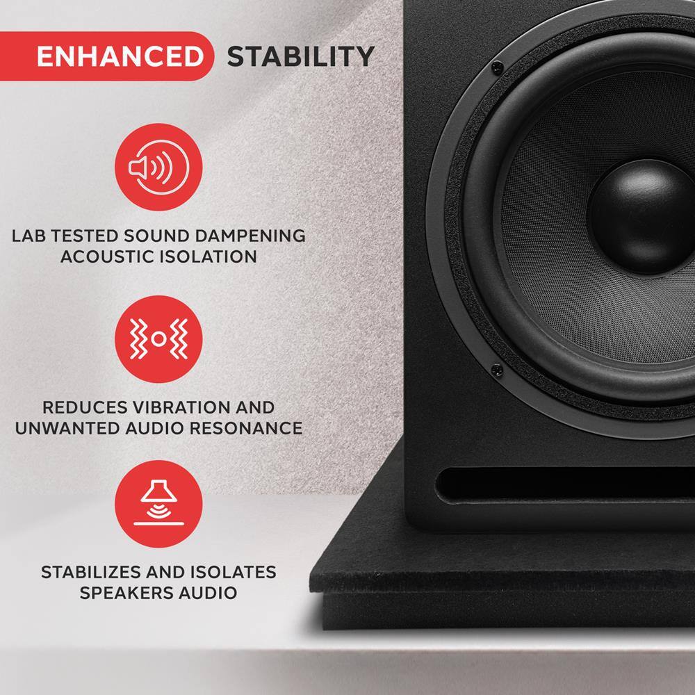 ENHANCED STABILITY

- LAB TESTED SOUND DAMPENING ACOUSTIC ISOLATION
- REDUCES VIBRATION AND UNWANTED AUDIO RESONANCE
- STABILIZES AND ISOLATES SPEAKERS AUDIO