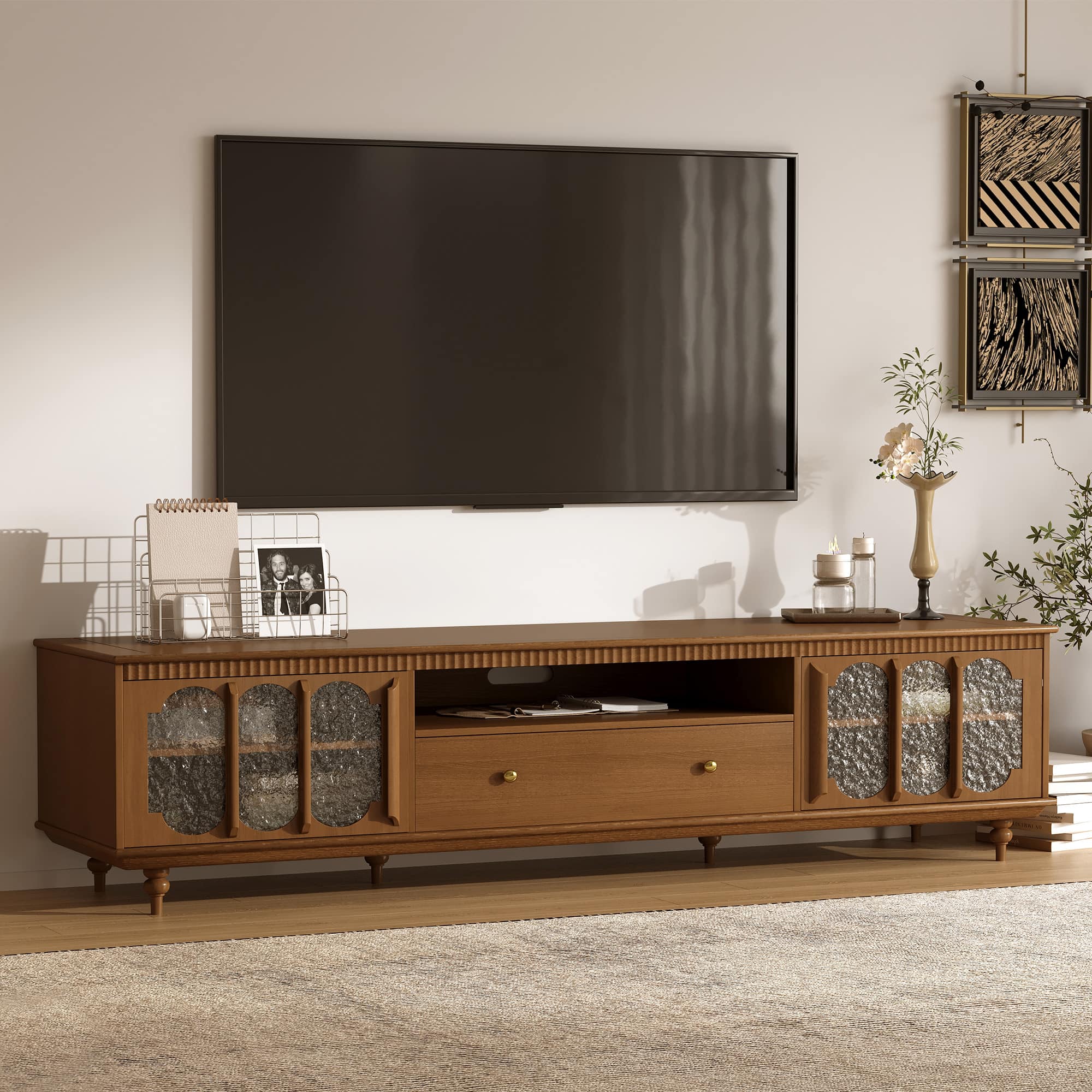 luck idea - Farmhouse 78.74" TV Stand with Large Drawers & Removable Shelves - Metal Handles & Solid Wood Legs - Walnut Color