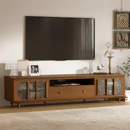 luck idea - Farmhouse 78.74" TV Stand with Large Drawers & Removable Shelves - Metal Handles & Solid Wood Legs - Walnut Color
