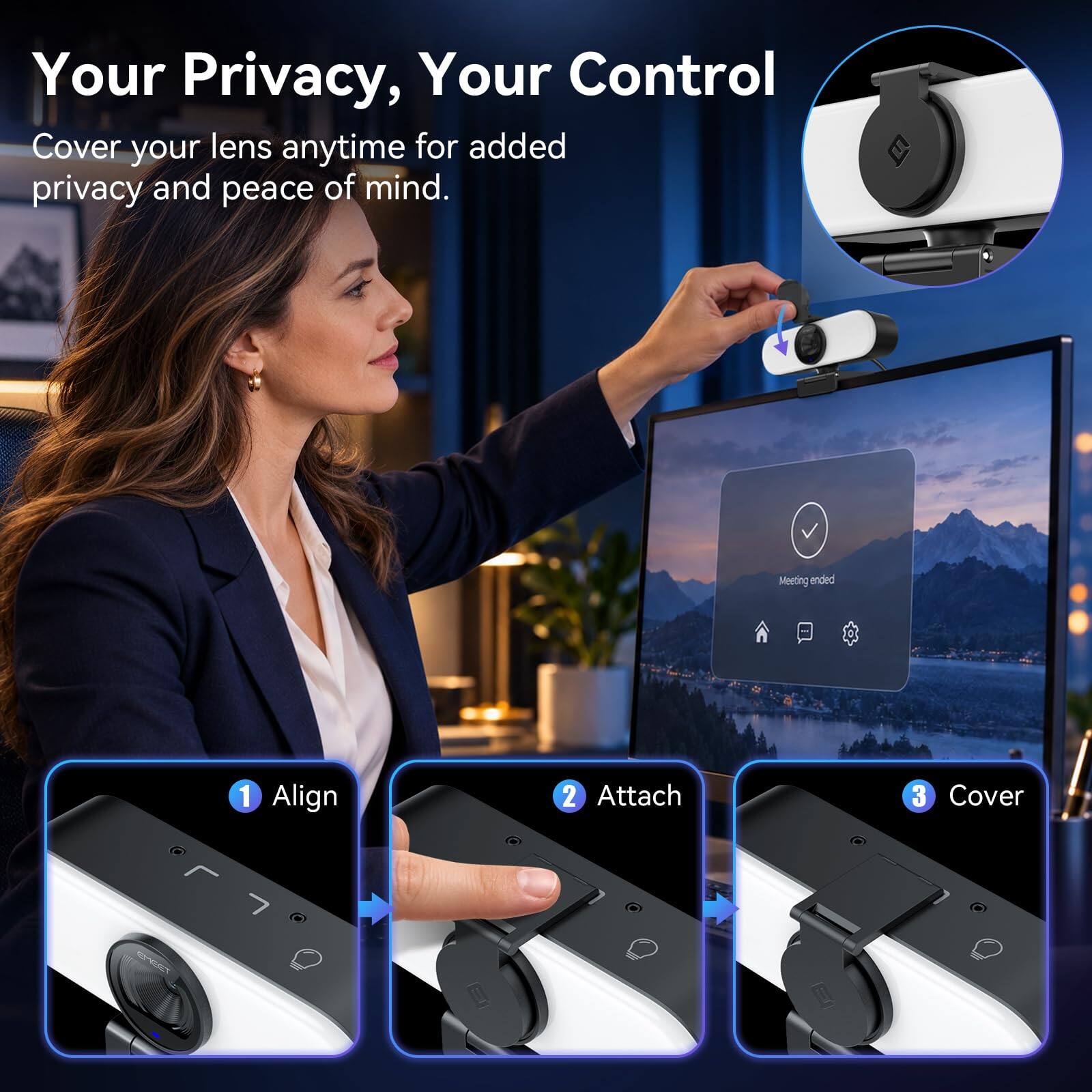 Your Privacy, Your Control  
Cover your lens anytime for added privacy and peace of mind.  

1. Align  
2. Attach  
3. Cover