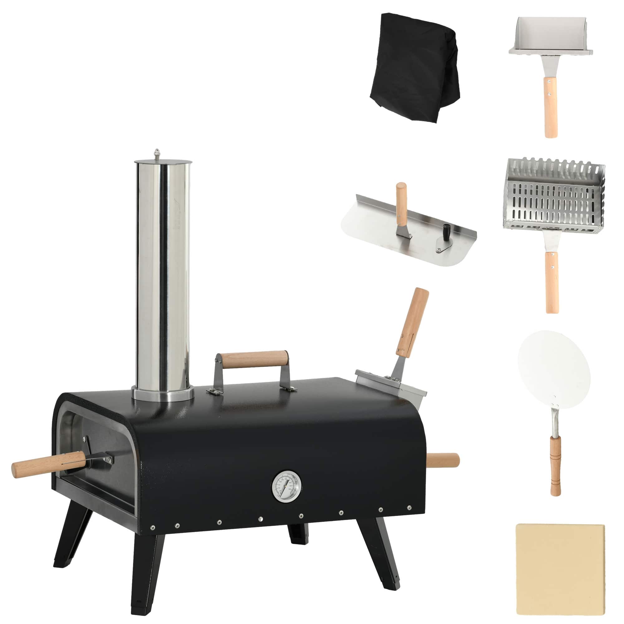 Outsunny - Outdoor Pizza Oven with 12" Stone, Peel and Cover, Portable Pellet Wood Fired Pizza Maker with Foldable Legs - Black