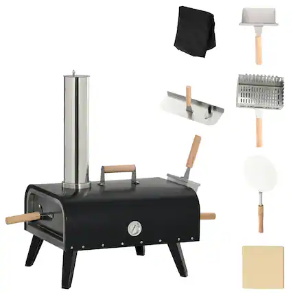 Front. Outsunny - Outdoor Pizza Oven with 12" Stone, Peel and Cover, Portable Pellet Wood Fired Pizza Maker with Foldable Legs - Black.