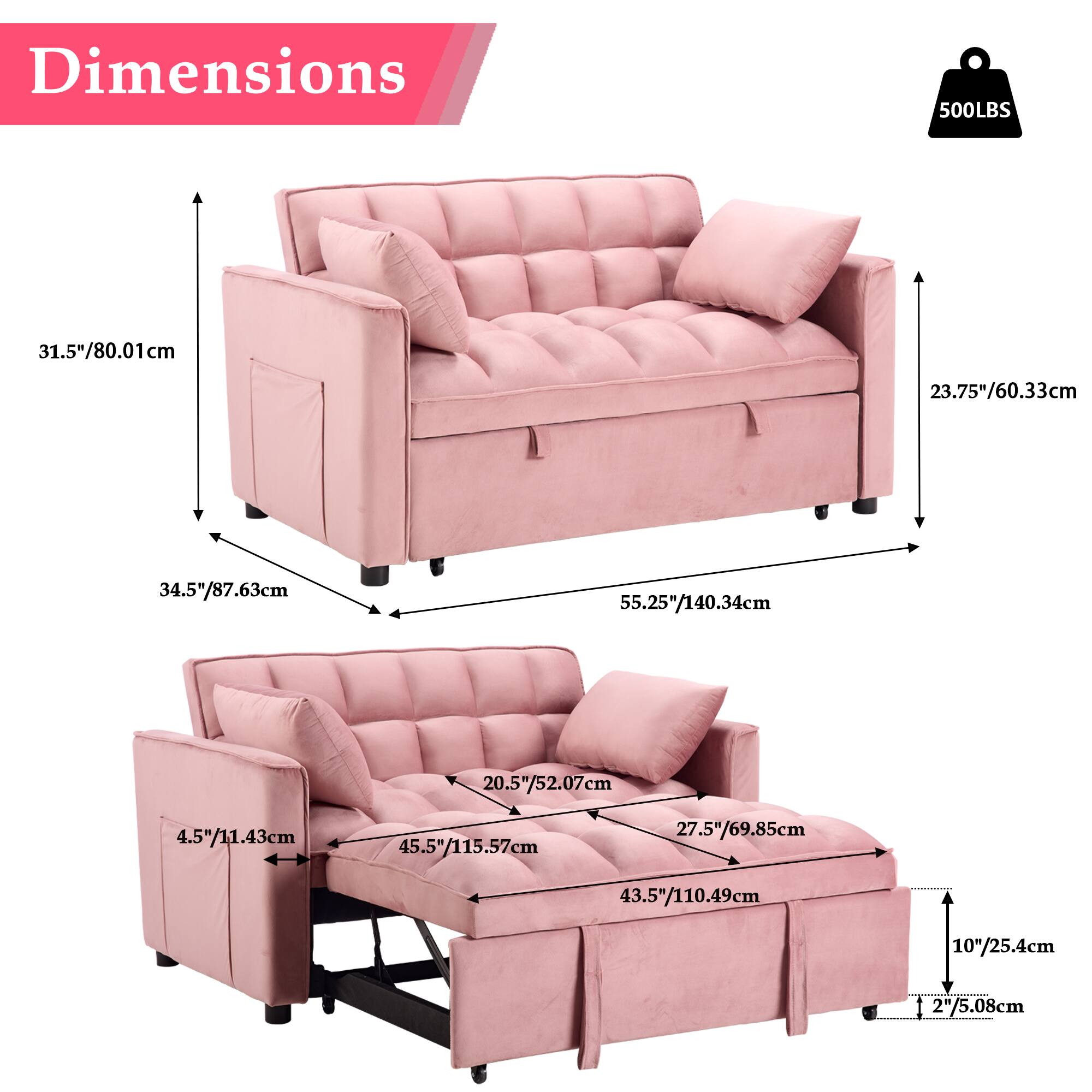 Dimensions: 500LBS, 31.5"/80.01cm, 23.75"/60.33cm, 34.5"/87.63cm, 55.25"/140.34cm, 20.5"/52.07cm, 4.5"/11.43cm, 45.5"/115.57cm, 27.5"/69.85cm, 43.5"/110.49cm, 10"/25.4cm, 2"/5.08cm.