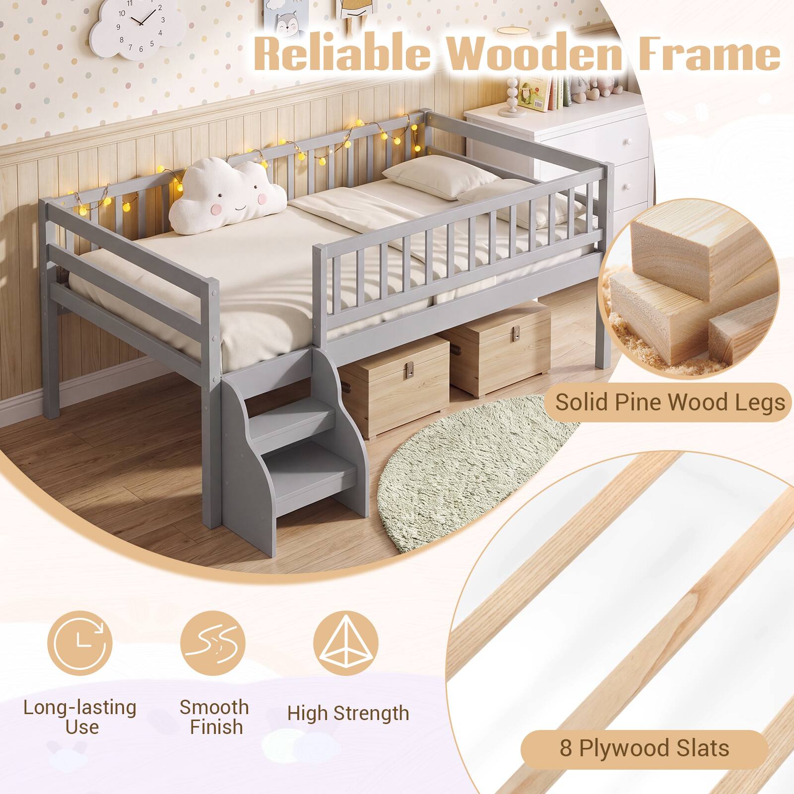 Reliable Wooden Frame  
Solid Pine Wood Legs  
Long-lasting Smooth Use Finish  
High Strength  
8 Plywood Slats