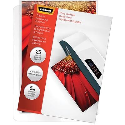 Fellowes Thermal Laminating Pouches
Pochettes Pour la Chaud Plastification
Bolsas Para Plastificar en Caliente
25 QUANTITY
QUANTITA
CANTIDAD
Photo Card Size
Cartes photo
Tarjetas para fotografías
4.5 x 6.25
114mm x 159mm
5mil THICKNESS
EPAISSEUR
ESPESOR
