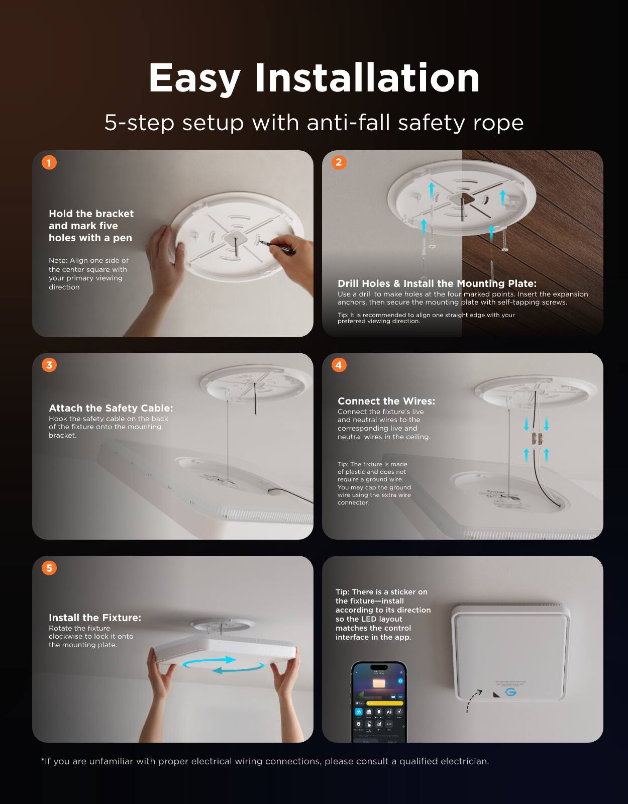 Easy Installation  
5-step setup with anti-fall safety rope

1. Hold the bracket and mark five holes with a pen  
   Note: Align one side of the center square with your primary viewing direction

2. Drill Holes & Install the Mounting Plate:  
   Use a drill to make holes at the four marked points. Insert the expansion anchors, then secure the mounting plate with self-tapping screws.  
   Tip: It is recommended to align a straight edge with your preferred viewing direction

3. Attach the Safety Cable:  
   Hook the safety cable on the back of the fixture onto the mounting bracket.

4. Connect the Wires:  
   Connect the fixture's live and neutral wires to the corresponding live and neutral wires in the ceiling.  
   Tip: The fixture is made of plastic and does not require a ground wire. You may cap the ground wire using the extra wire connector

5. Install the Fixture:  
   Rotate the fixture clockwise to lock it onto the mounting plate.  
   Tip: There is a sticker on the fixture—install according to its direction so the LED layout matches the control interface in the app.

*If you are unfamiliar with proper electrical wiring connections, please consult a qualified electrician.