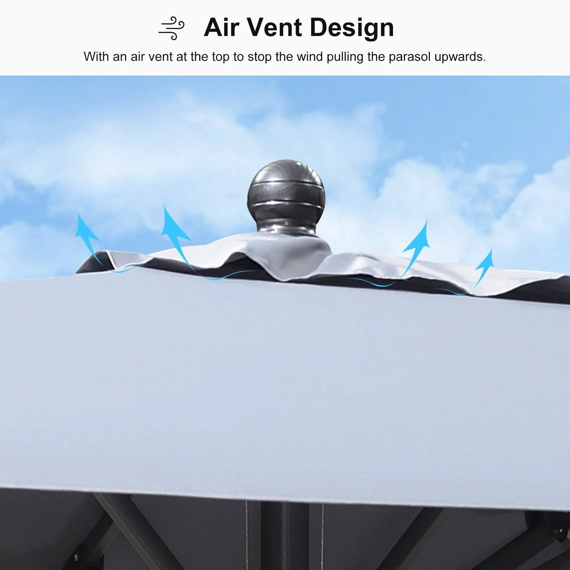 Air Vent Design

With an air vent at the top to stop the wind pulling the parasol upwards.