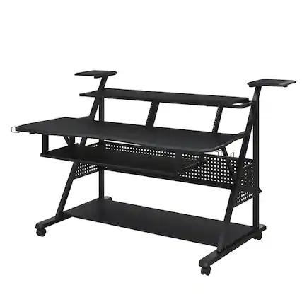 Front. Manhattan Lane - Gia 67 Inch Music Desk Studio Workstation, Keyboard Tray, Shelves, Black - Black.