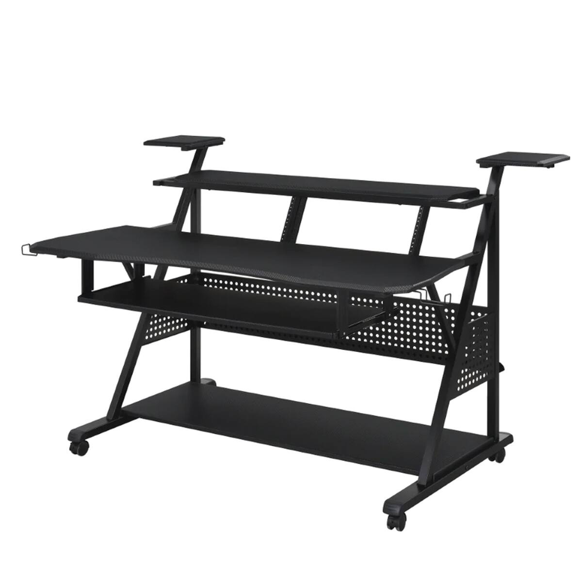 Front. Manhattan Lane - Gia 67 Inch Music Desk Studio Workstation, Keyboard Tray, Shelves, Black - Black.