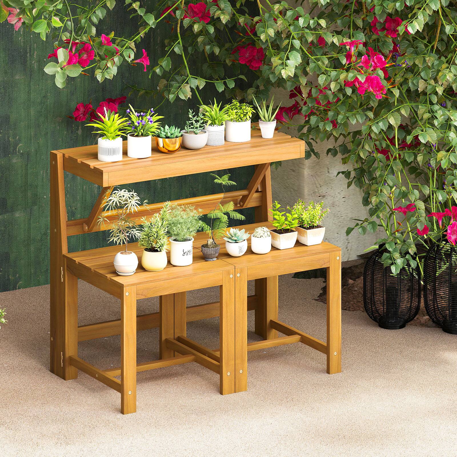 Alt View 1. Gymax - Gymax 3-in-1 Outdoor Acacia Wood Loveseat Bench Furnitur w/ Slatted Seat for Garden - Yellow.