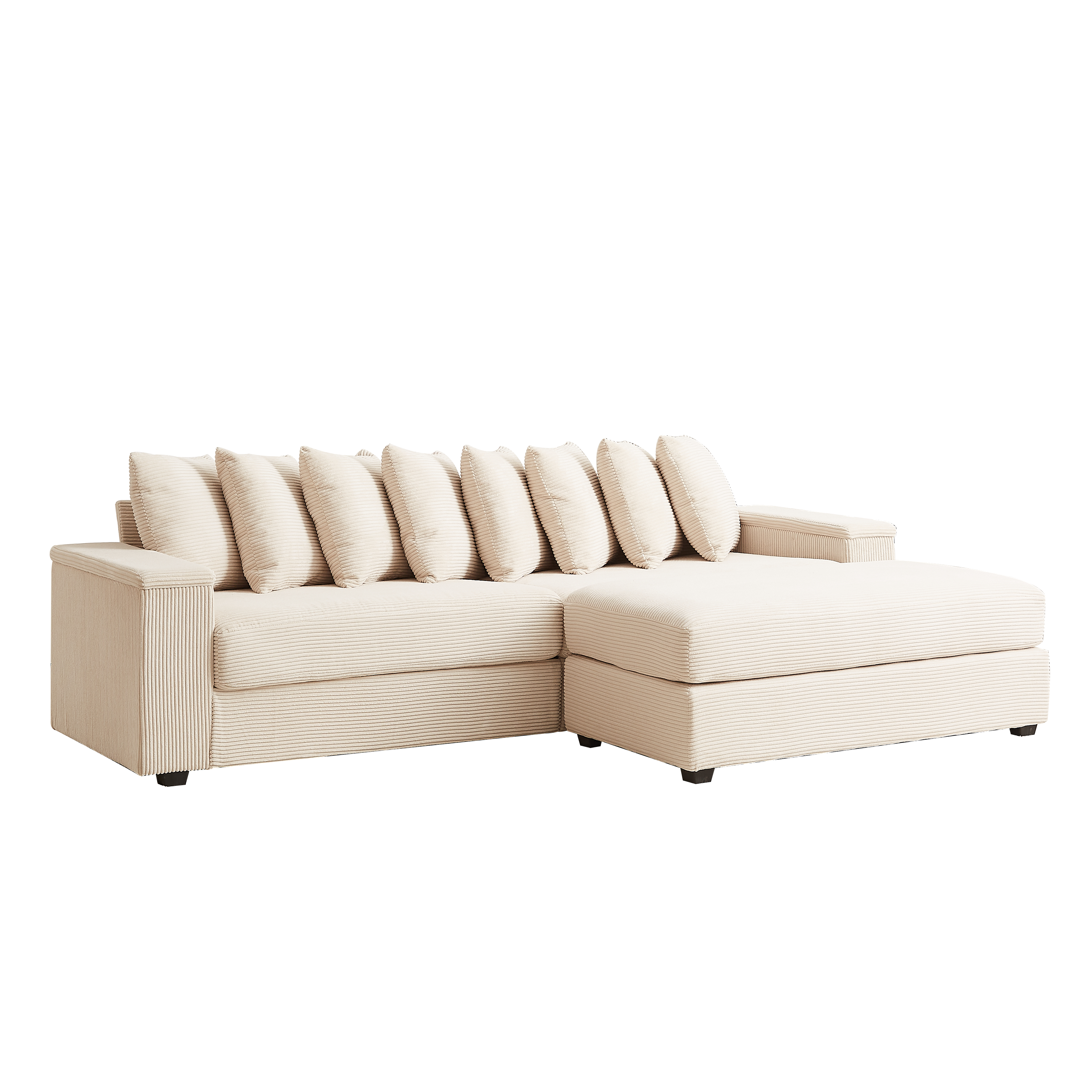Back. Tiramisubest - Oversized Corduroy Sofa Bed with Chaise,Comfy L Shaped Sectional Couches with 8 Pillows and Two Armrest storage space - Beige.