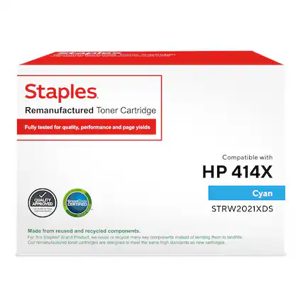 tapies oerimeicnmes | - a aa adda Staples Remanufactured Toner Cartridge Fully tested for quality, performance and page yields Compatible with HP 414X SOLSTION De Cyan QUALITY GreenCircle APPROVED CERTIFIED Las noo Seutain Gnemaity - Purgm BNC CONY CERTIST STRW2021XDS RICTCLD Made from reused and recycled components. For this Staples* Brand Product, we reuse or recycle many key components instead of sending them to landfills. Our remanufactured toner cartridges are designed to meet the same high standards as new cartridges.