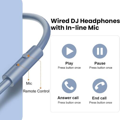 Wired DJ Headphones with In-line Mic

- Play: Press button once
- Pause: Press button once
- Answer call: Press button once
- End call: Press button once