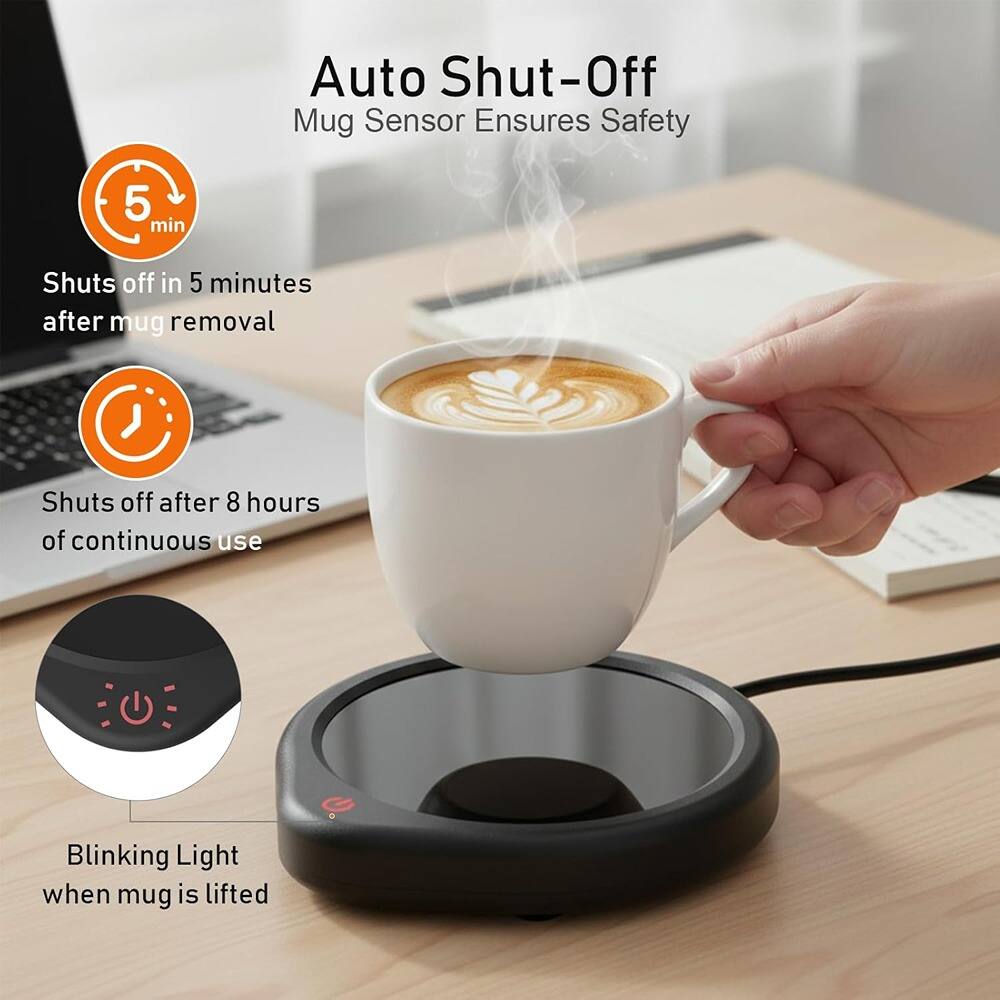 Auto Shut-Off  
Mug Sensor Ensures Safety

- Shuts off in 5 minutes after mug removal
- Shuts off after 8 hours of continuous use
- Blinking Light when mug is lifted