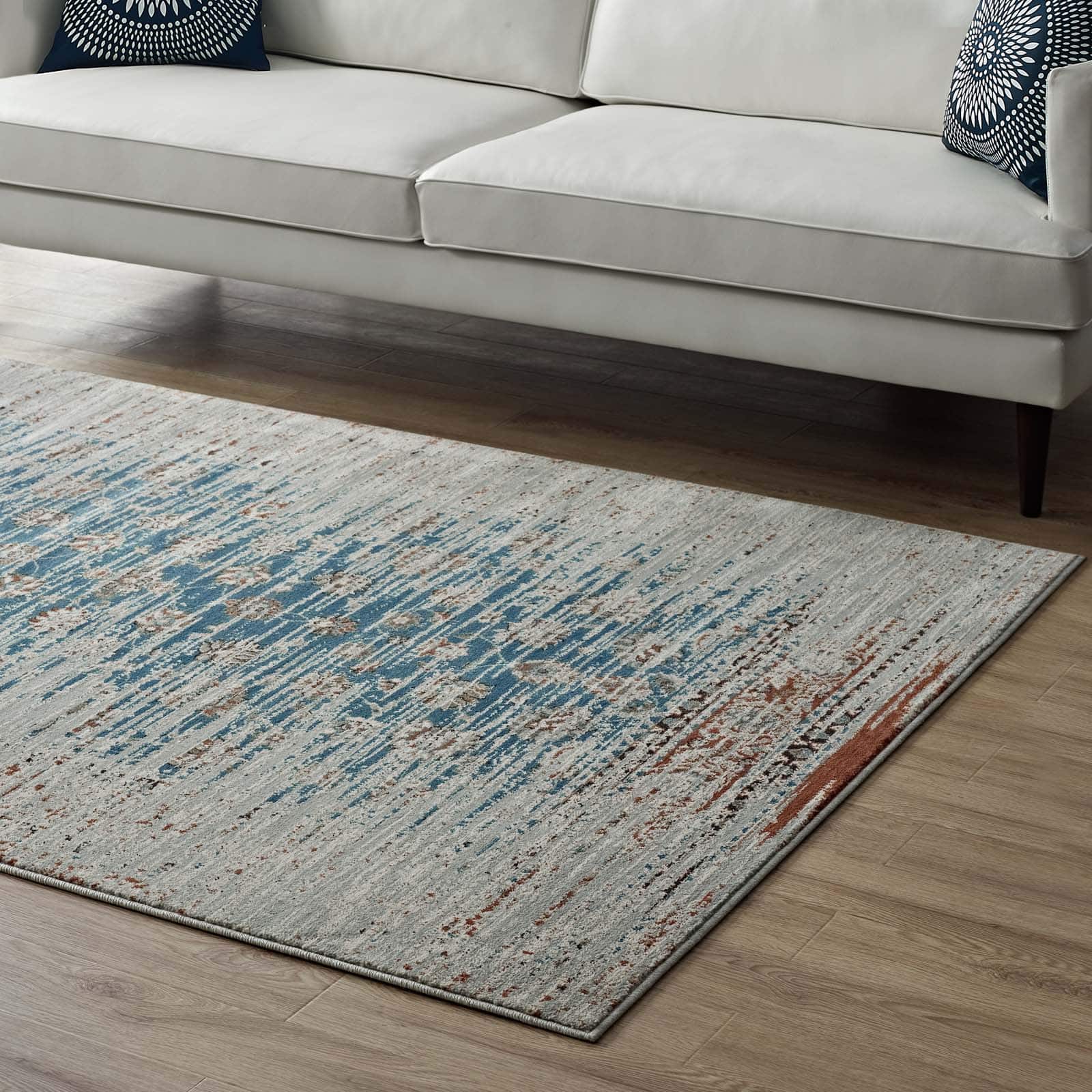 Back. Modway - Hesper Distressed Contemporary Floral Lattice Area Rug - Teal Beige and Brown.