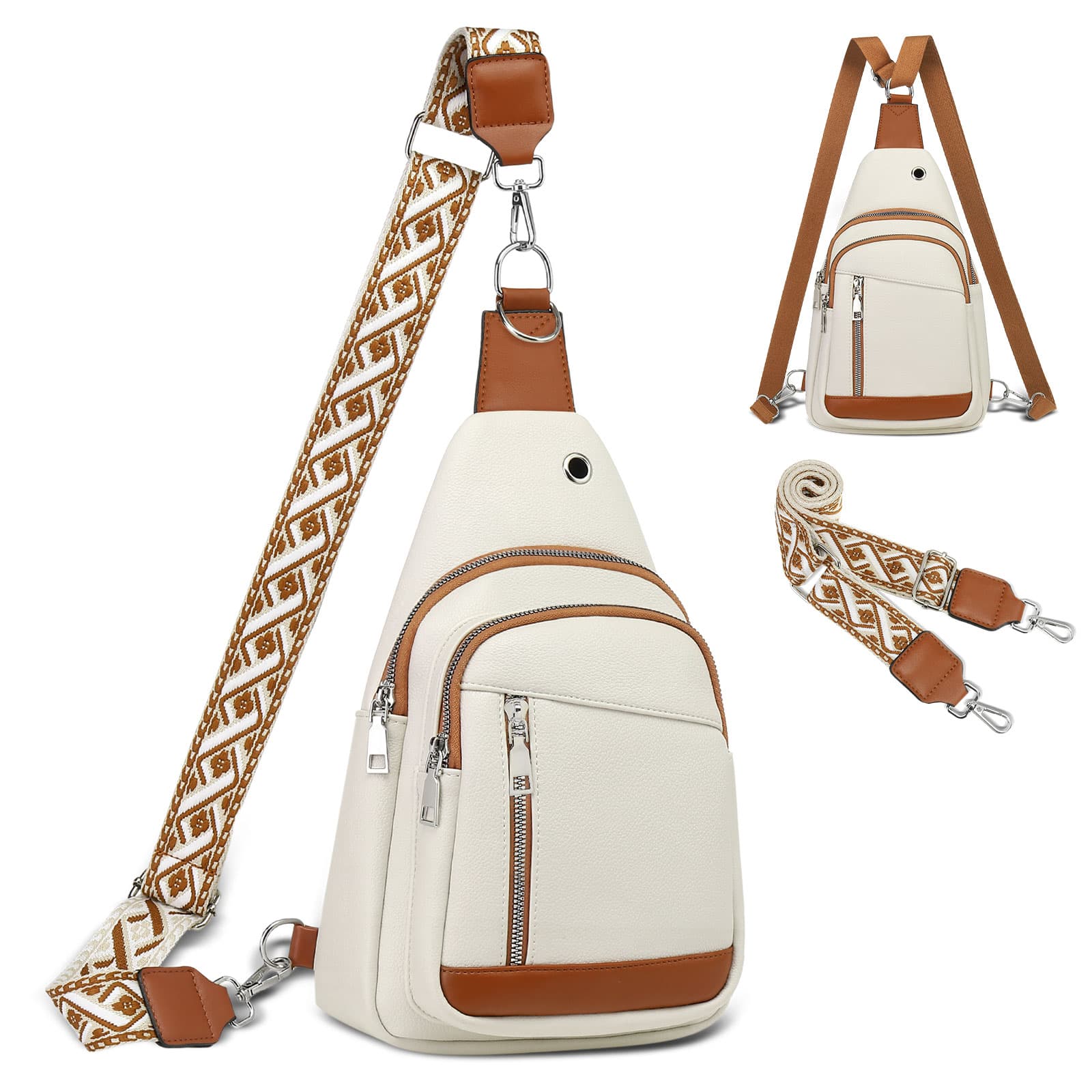 Unique Bargains - Anti Theft Sling Bag 2 in 1 PU Leather 8.3" Convertible Crossbody Bags Fanny Pack Backpack with 2 Removable Straps - Beige