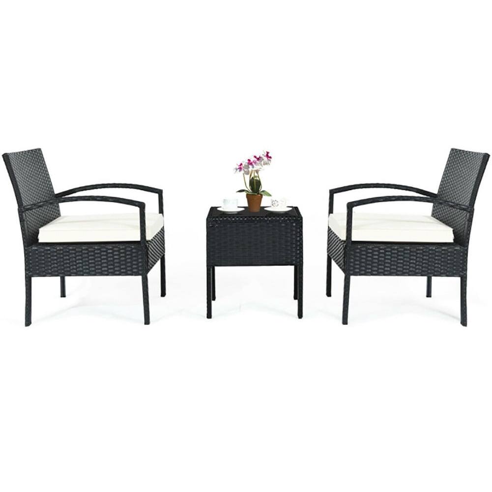 Alt View 3. Pefilos - 3-Piece Wicker Backyard Patio Conversation Furniture Set with Removable Cushions and Table for Yard Bistro Porch Balcony - Black.