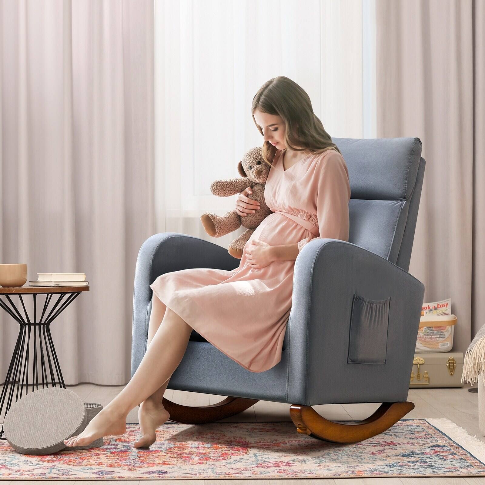 Alt View 2. U-HOMY - Mid Century Velvet Rocking Chair with High Back – Upholstered Glider Armchair for Nursery or Living Room - Gray.