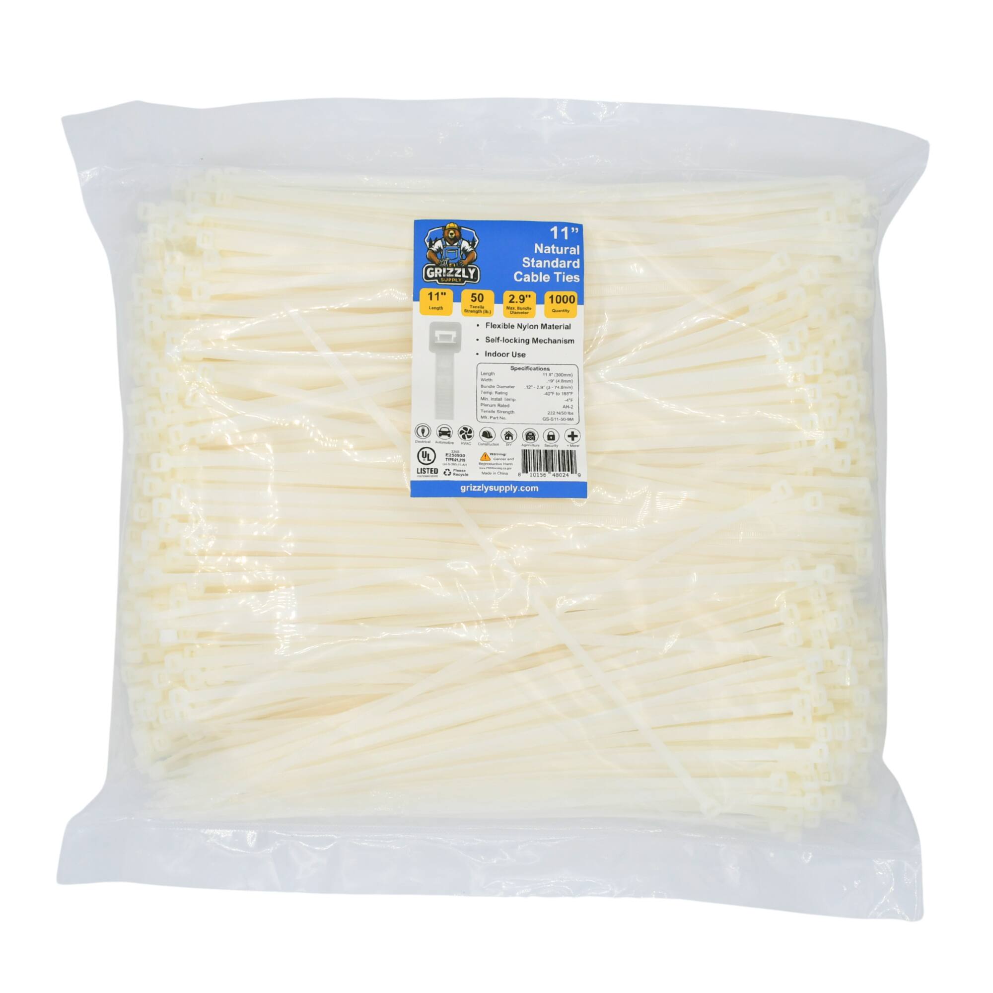 GRIZZLY : 11- 50 - - - 11" 1 " Natural Standard Cable Ties 2.9"* 1000 - - - | Floubie myion Maturian Self-locking Mesharum VSAIN Use U - - - - - | : - : aidaa - - I : 1 - - - - a : I - - - | - I : / :  2 | | : | |  : | . a I | I -M -.. - a gpriczlysupply.com