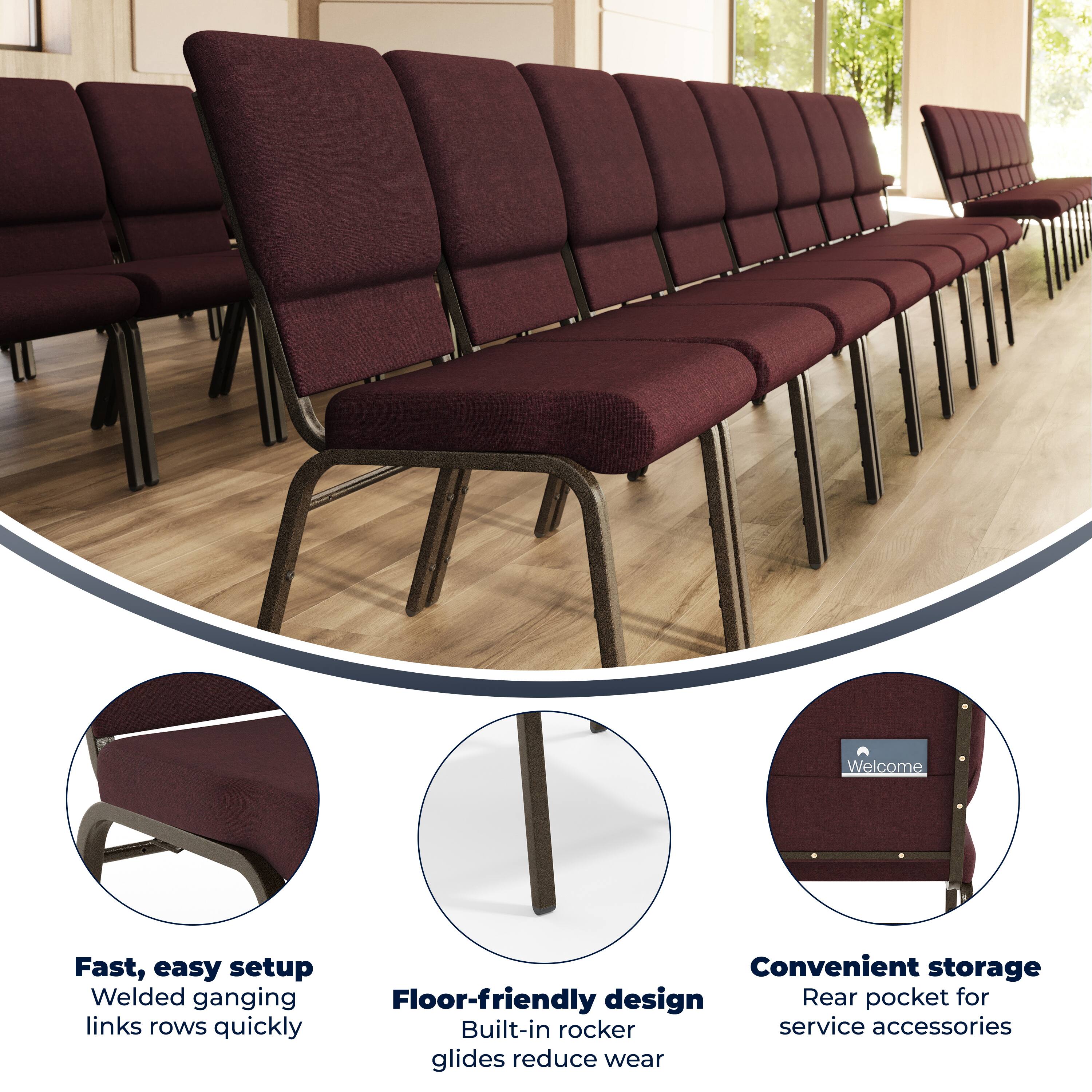 Welcome  
Fast, easy setup  
Convenient storage  
Welded ganging links rows quickly  
Floor-friendly design  
Built-in rocker glides reduce wear  
Rear pocket for service accessories