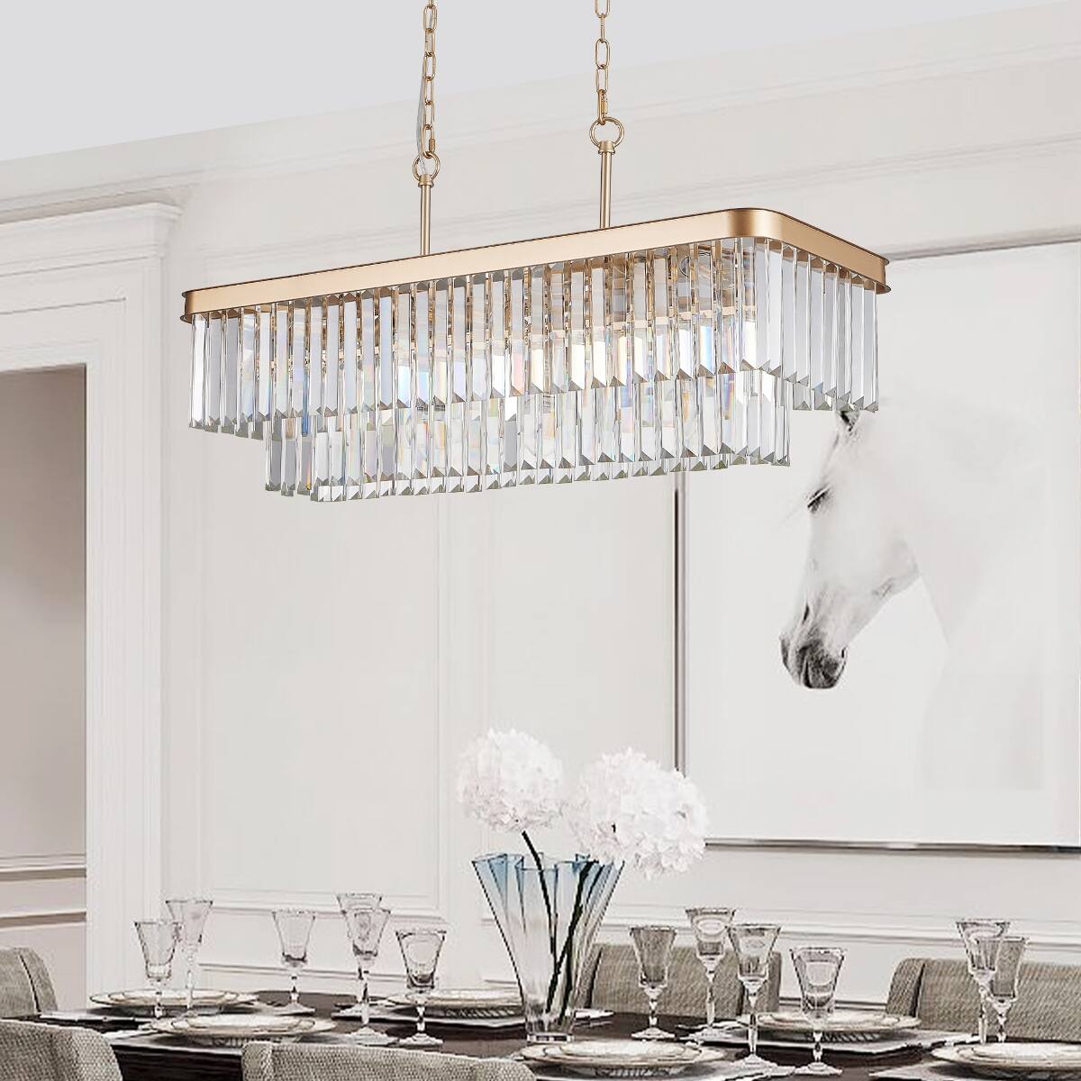 Alt View 1. Loheer - Loheer Rectangular Crystal Chandelier Gold E12 Adjustable Height Light for Dining Room.