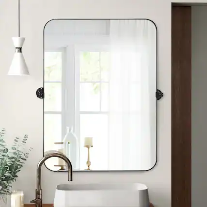 Front. PexFix - Modern Vanity Mirror, 24x36 in. Rectangle, Metal Frame, 360° Swivel for Bathroom & Grooming - Black.