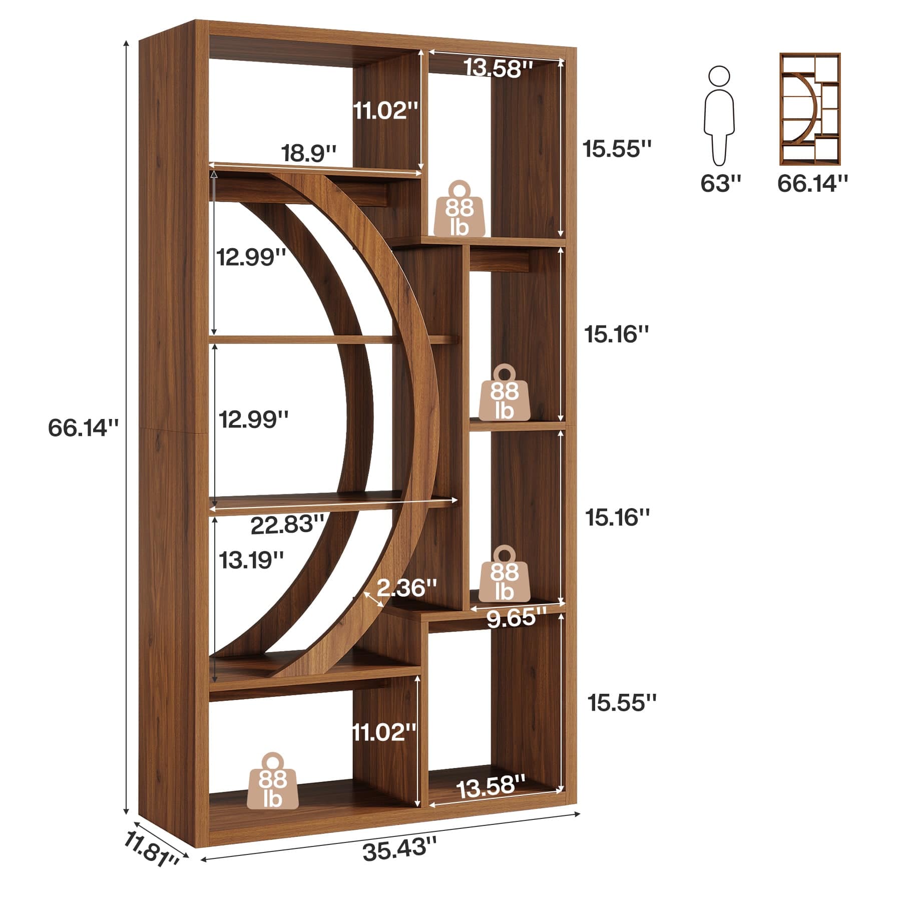 - 66.14" (height)
- 35.43" (width)
- 11.81" (depth)
- 13.58" (top shelf width)
- 11.02" (top shelf depth)
- 18.9" (top shelf height)
- 12.99" (second shelf height)
- 12.99" (second shelf height)
- 15.55" (second shelf width)
- 15.16" (second shelf depth)
- 15.16" (third shelf width)
- 9.65" (third shelf depth)
- 15.55" (third shelf width)
- 11.02" (third shelf depth)
- 13.58" (bottom shelf width)
- 11.02" (bottom shelf depth)
- 22.83" (arc height)
- 13.19" (arc width)
- 2.36" (arc depth)
- 88 lb (shelf weight capacity)
- 63" (person height)
- 66.14" (person height)