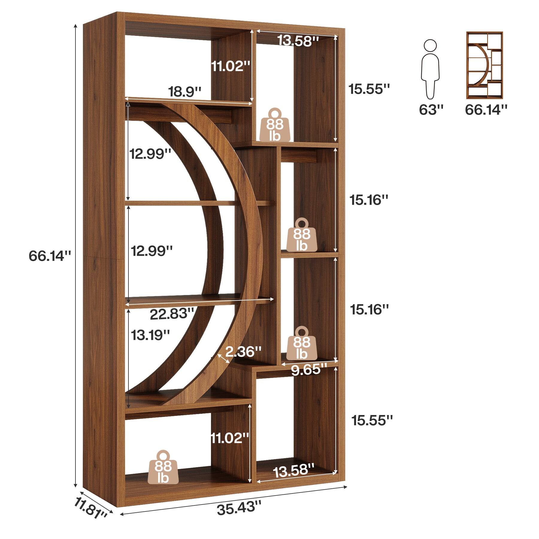 - 66.14" (height)
- 35.43" (width)
- 11.81" (depth)
- 13.58" (top shelf width)
- 11.02" (top shelf depth)
- 18.9" (top shelf height)
- 12.99" (second shelf height)
- 12.99" (second shelf height)
- 15.55" (second shelf width)
- 15.16" (second shelf depth)
- 15.16" (third shelf width)
- 9.65" (third shelf depth)
- 15.55" (third shelf width)
- 11.02" (third shelf depth)
- 13.58" (bottom shelf width)
- 11.02" (bottom shelf depth)
- 22.83" (arc height)
- 13.19" (arc width)
- 2.36" (arc depth)
- 88 lb (shelf weight capacity)
- 63" (person height)
- 66.14" (person height)