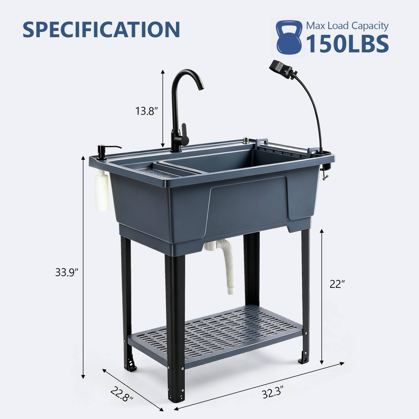 SPECIFICATION  
Max Load Capacity 150LBS  
13.8"  
33.9"  
22"  
22.8"  
32.3"