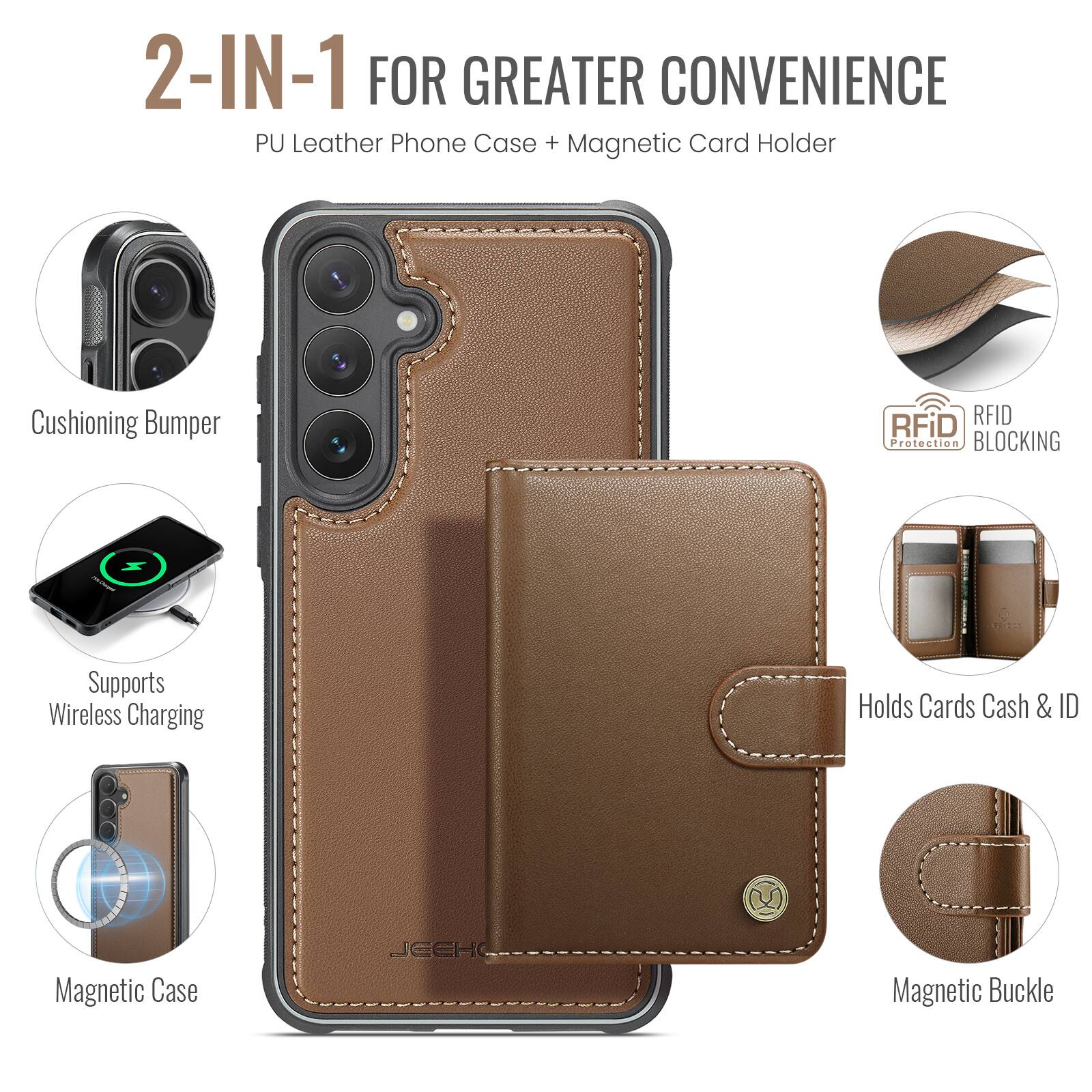 2-IN-1 FOR GREATER CONVENIENCE  
PU Leather Phone Case + Magnetic Card Holder  
Cushioning Bumper  
RFID Protection BLOCKING  
Supports Wireless Charging  
Holds Cards Cash & ID  
Magnetic Case  
Magnetic Buckle
