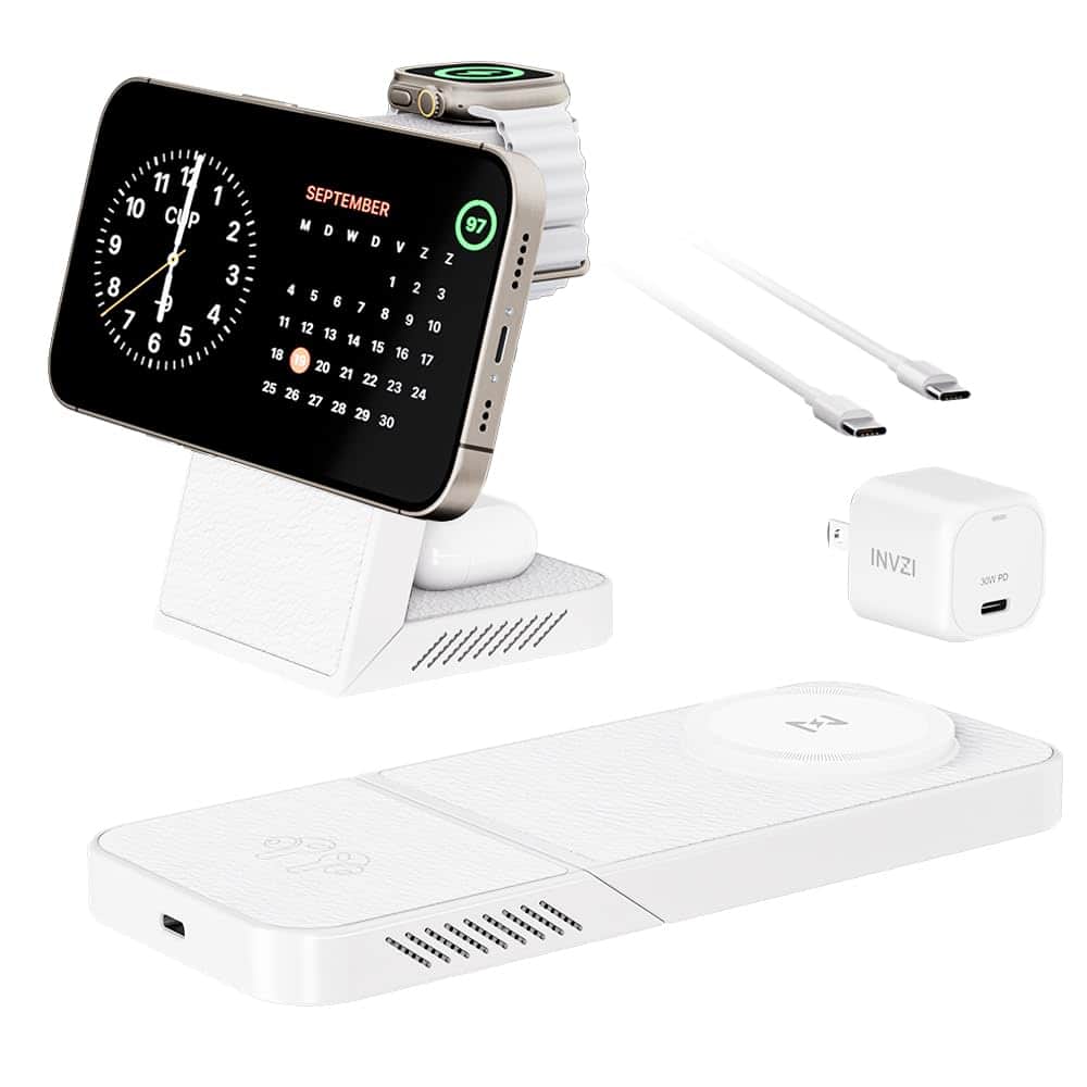 INVZI - 3-in-1 Fast Wireless Charging Station Multiple Devices, MagFree Transform 15W Magnetic Travel Charger Stand for iPhone 1