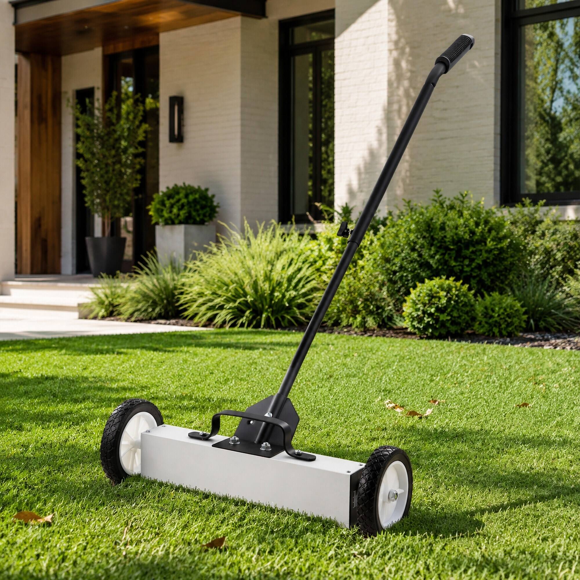 Angle. RYHNUYNE - 45 lbs Rolling Magnetic Sweeper, 18 in Push-Type Pickup Tool, Telescoping Handle, Quick Release, Garage Yard - White.