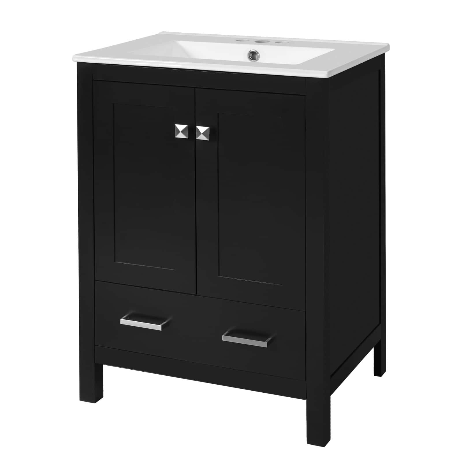 Ecooso - 24" Bathroom Vanity with Ceramic Sink, 2 Doors, 1 Divided Drawer, Soft-Close, Freestanding Cabinet - Black