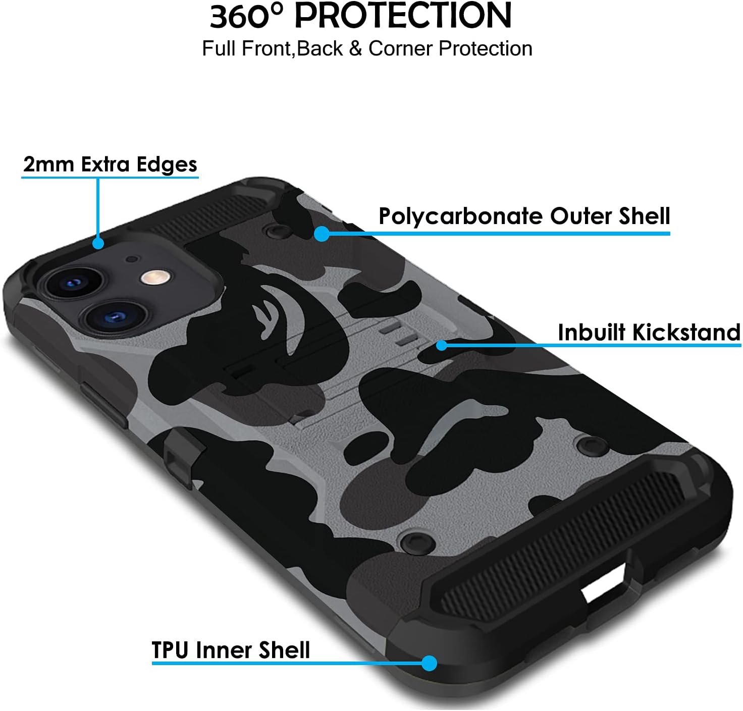 360° PROTECTION  
Full Front, Back & Corner Protection

2mm Extra Edges  
Polycarbonate Outer Shell  
Inbuilt Kickstand  
TPU Inner Shell