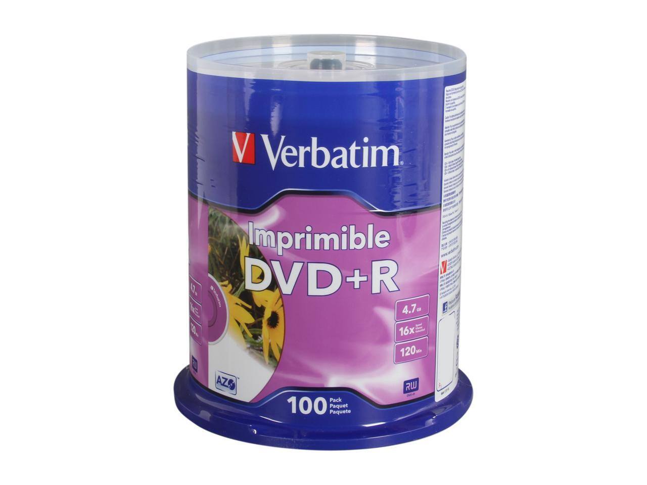 Verbatim Imprimible DVD+R 4.7 - 16x 120m - AZ Pack 100 Paquete