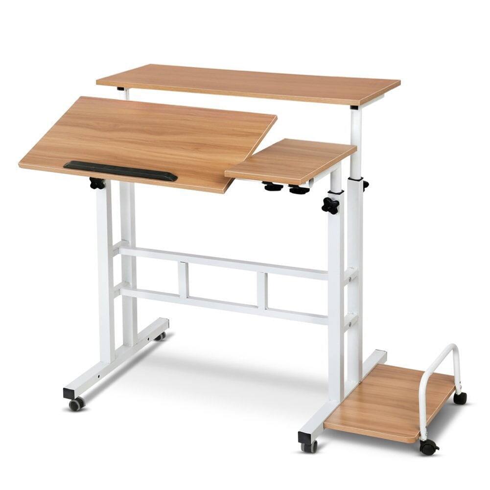 Front. Homhougo - Small Mobile Standing Desk - Portable Rolling Computer Desk with Adjustable Height for Home Office - Light Walnut.