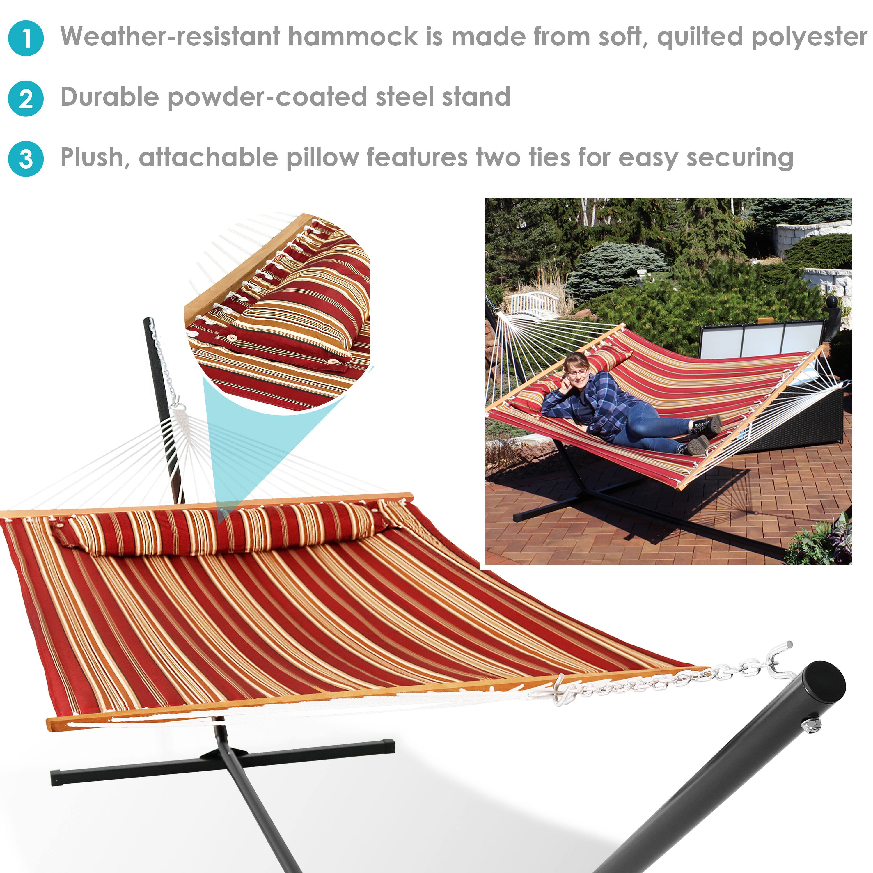 1. Weather-resistant hammock is made from soft, quilted polyester  
2. Durable powder-coated steel stand  
3. Plush, attachable pillow features two ties for easy securing