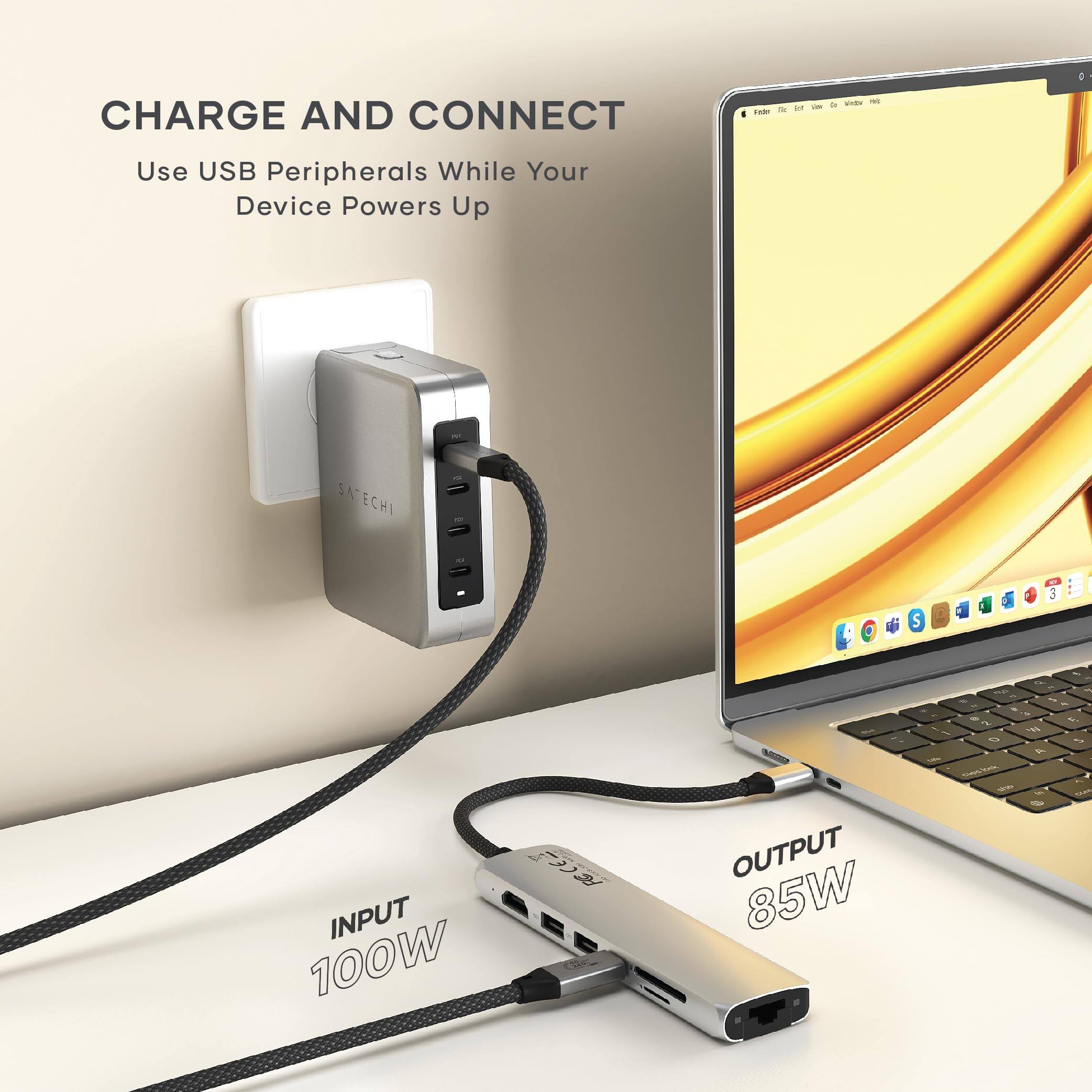 CHARGE AND CONNECT  
Use USB Peripherals While Your Device Powers Up  

SATECHI  

INPUT 100W  
OUTPUT 85W