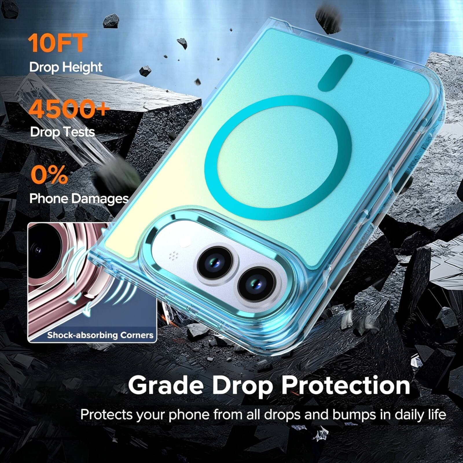 10FT Drop Height  
4500+ Drop Tests  
0% Phone Damages  
Shock-absorbing Corners  
Grade Drop Protection  
Protects your phone from all drops and bumps in daily life